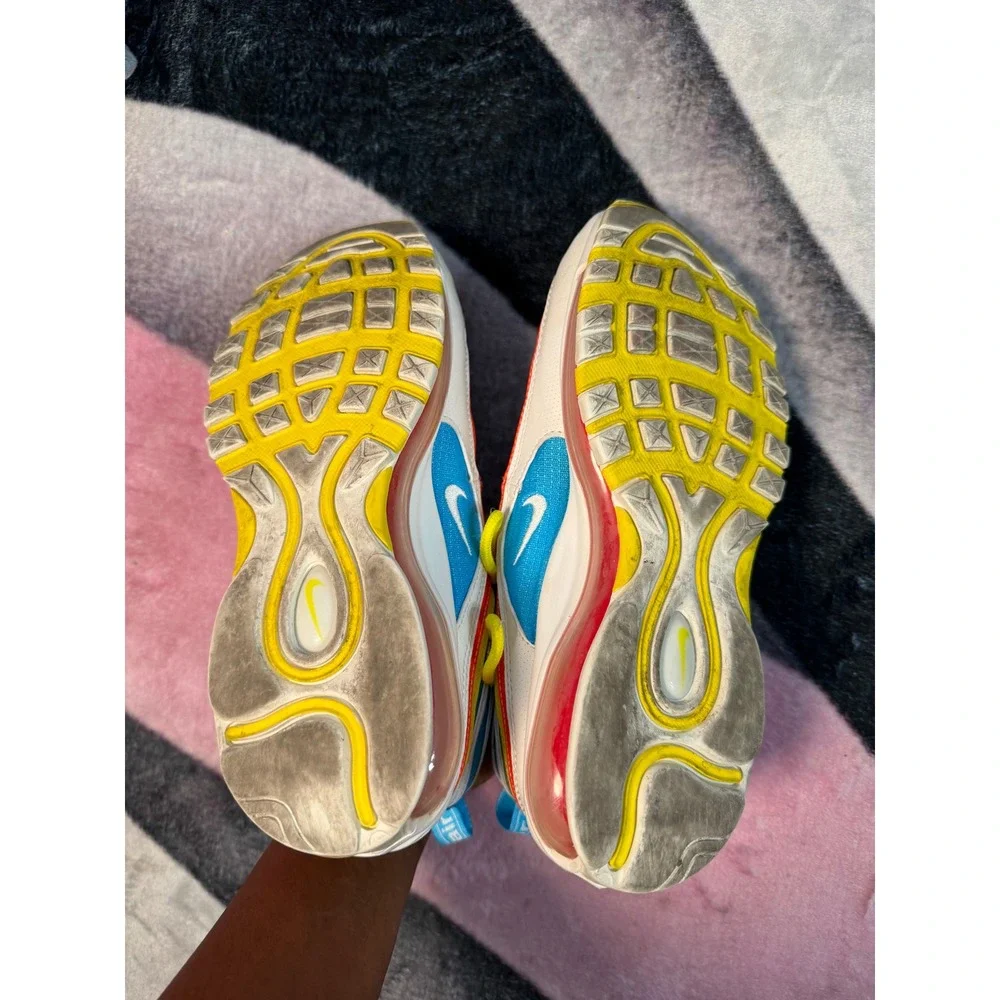 Nike Air Max 97 GS White Blue Yellow Red Sneakers CK0006-100 Kids Size 6.5Y
